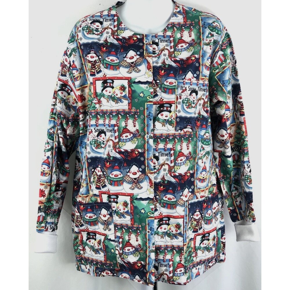Barco Scrubs Top M Christmas Holiday Print LongSleeve Pockets Snap Front Snowman